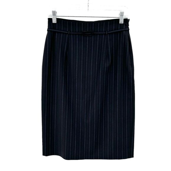 CLASSIQUES ENTIER Navy Blue Striped Belted Wool High Waist Pencil Skirt Size 4 - Picture 2 of 7